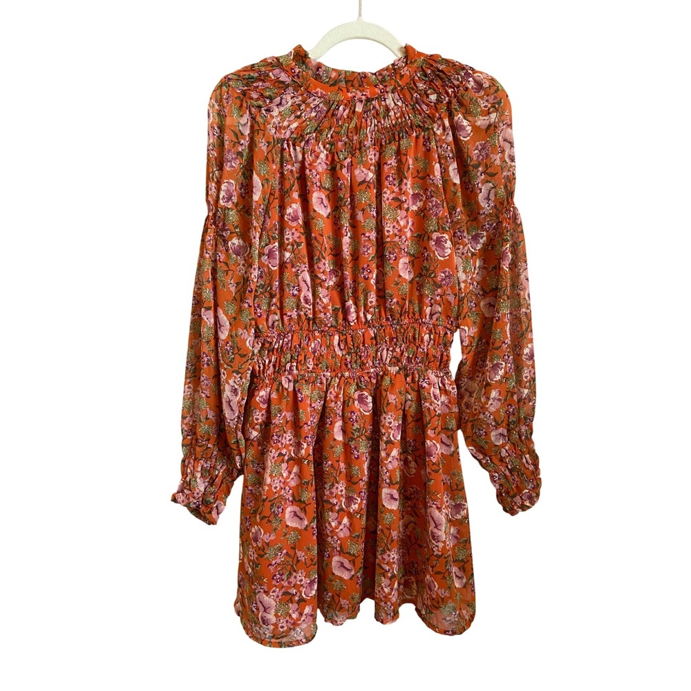 En Saison Orange Floral Smocked Mock Neck Mini Dress NWT Small